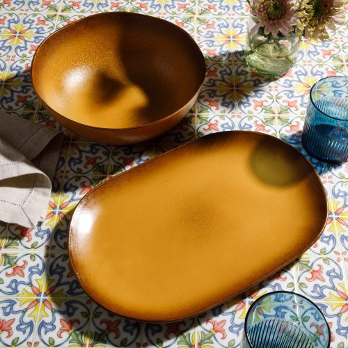 139685.02BLHPALERMOSUN 2PCSERVINGPLATTER BOWLSET TURMERIC REACTIVEGLAZE STONEWARE 2795