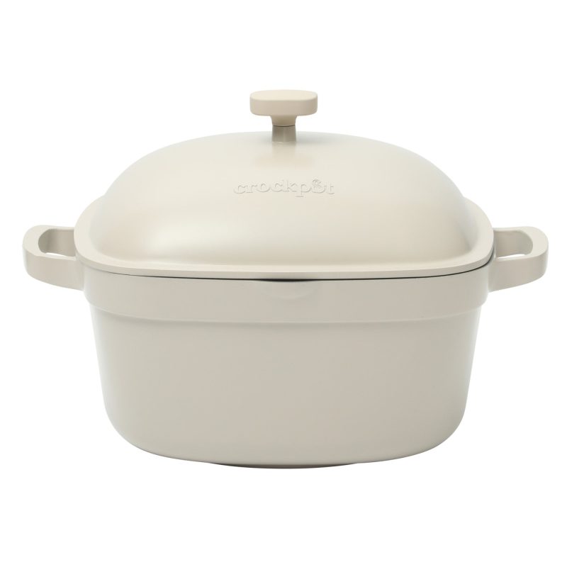 144317.02CrockPotNorthvaleCastAluminumLightweightDurable5.2QuartHeavyDutyDutchOvenPotWithLid OvenSafe DualHandles MatteLinenWhite PA108099001